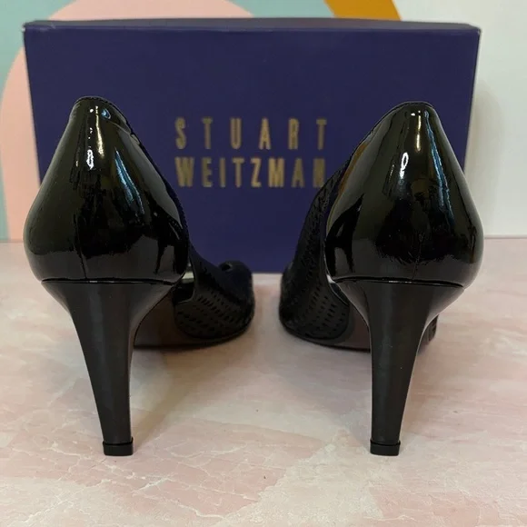 Stuart Weitzman Bowden Peep Toe Black Patent Perforated Buckle Heels, 10M - Picture 5 of 8